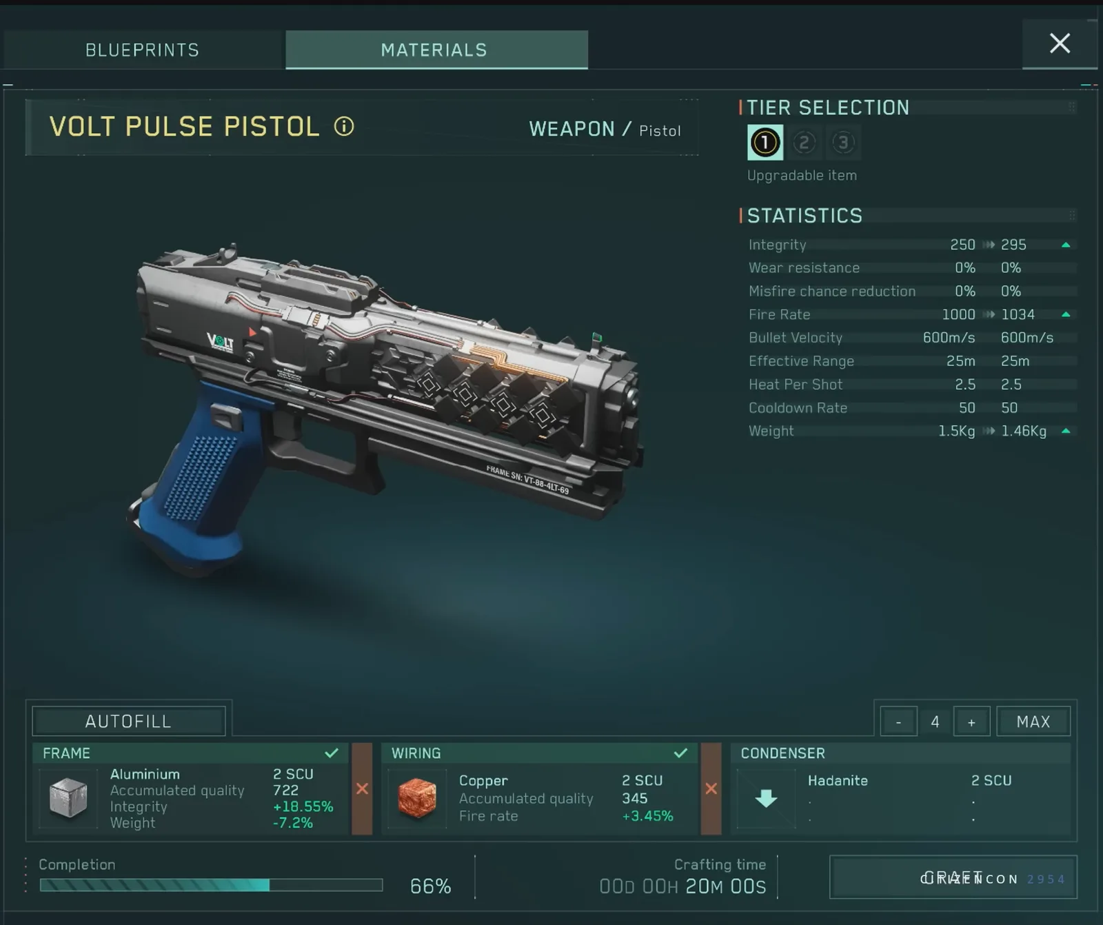 Blueprint abierto: slots de materiales, requisitos y resultado