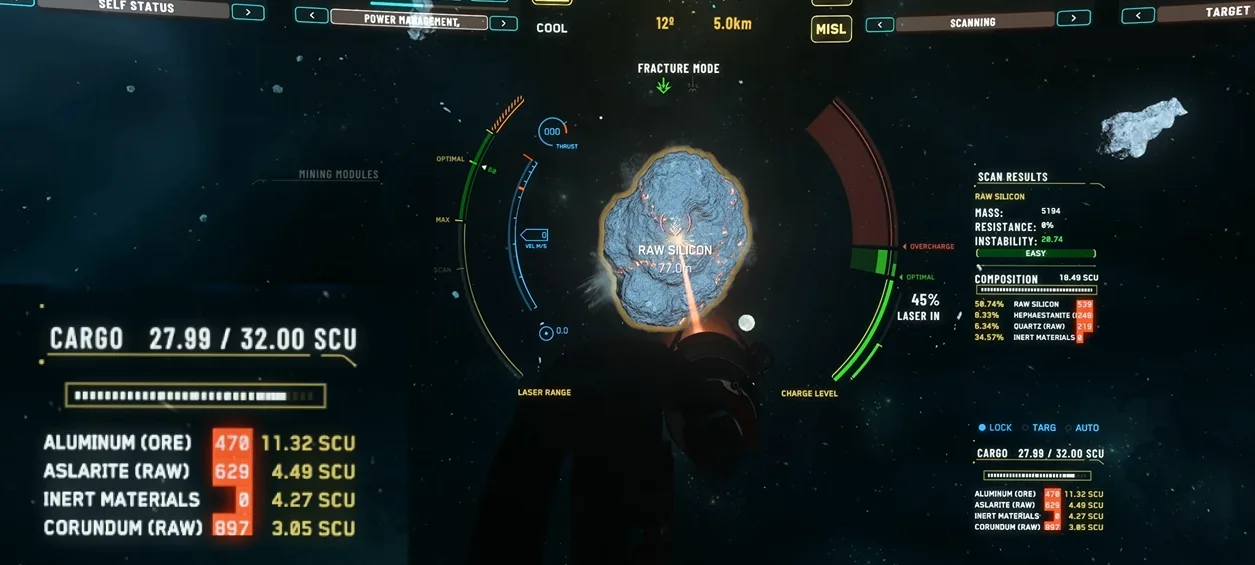 Calidad de materiales: ejemplo visible en inventario/minería/crafting