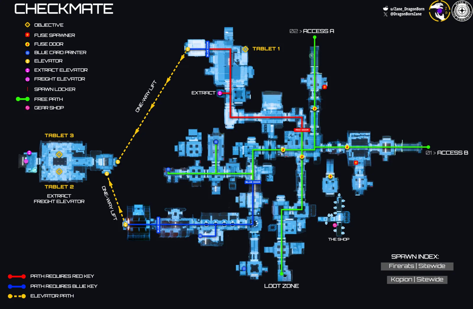 Mapa de la Contested Zone en Checkmate: rutas hacia las tabletas 1, 2 y 3, puertas y accesos