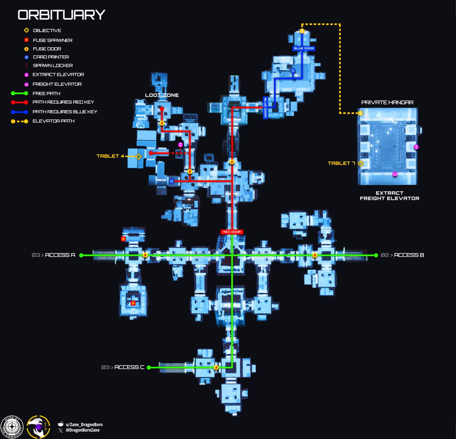 Mapa de la Contested Zone en Orbituary: rutas hacia las tabletas 4 y 7 y puertas clave