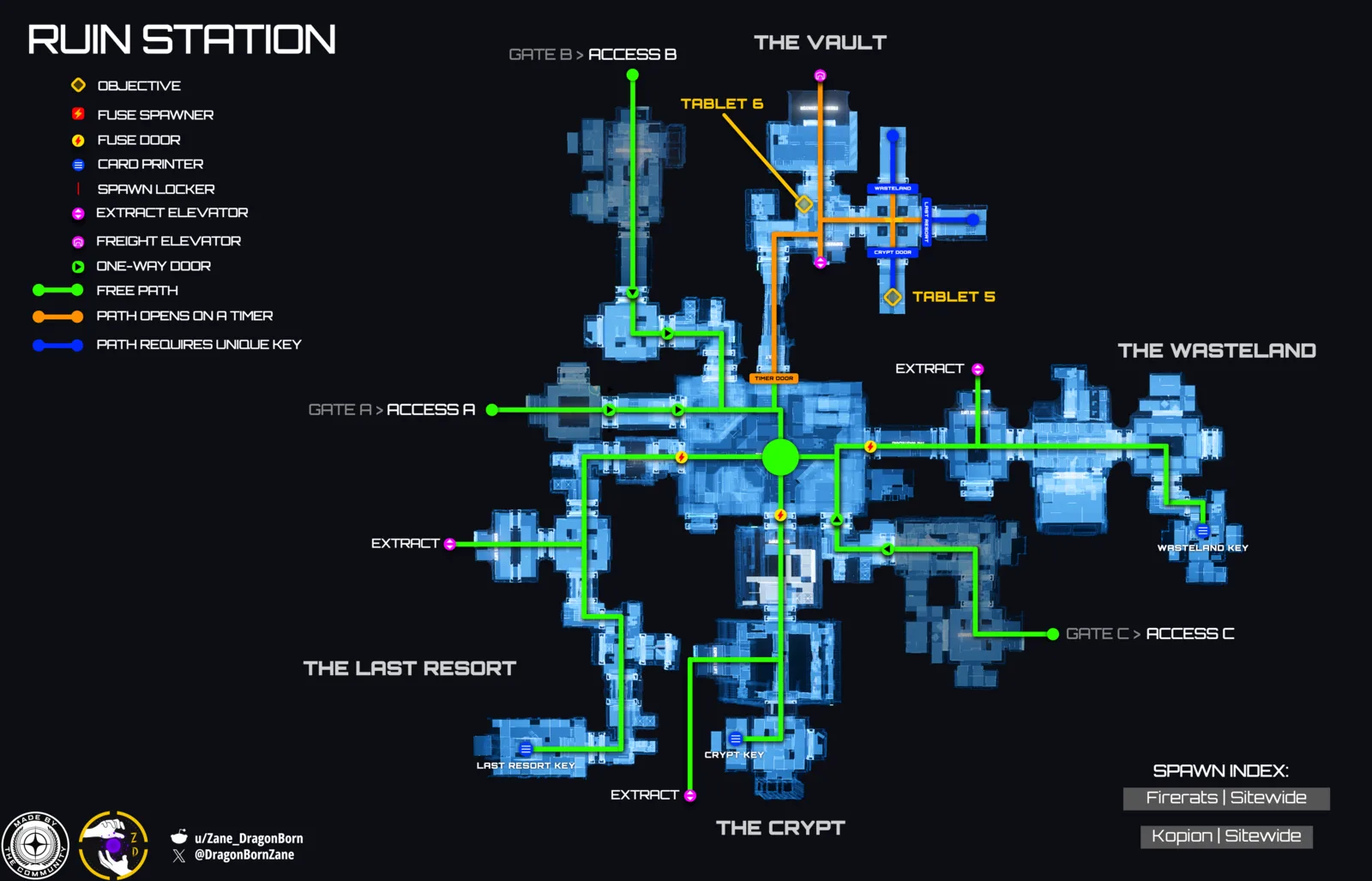 Mapa de la Contested Zone en Ruin Station (Ghost Arena): vault con temporizador, The Crypt y rutas a las tabletas 5 y 6