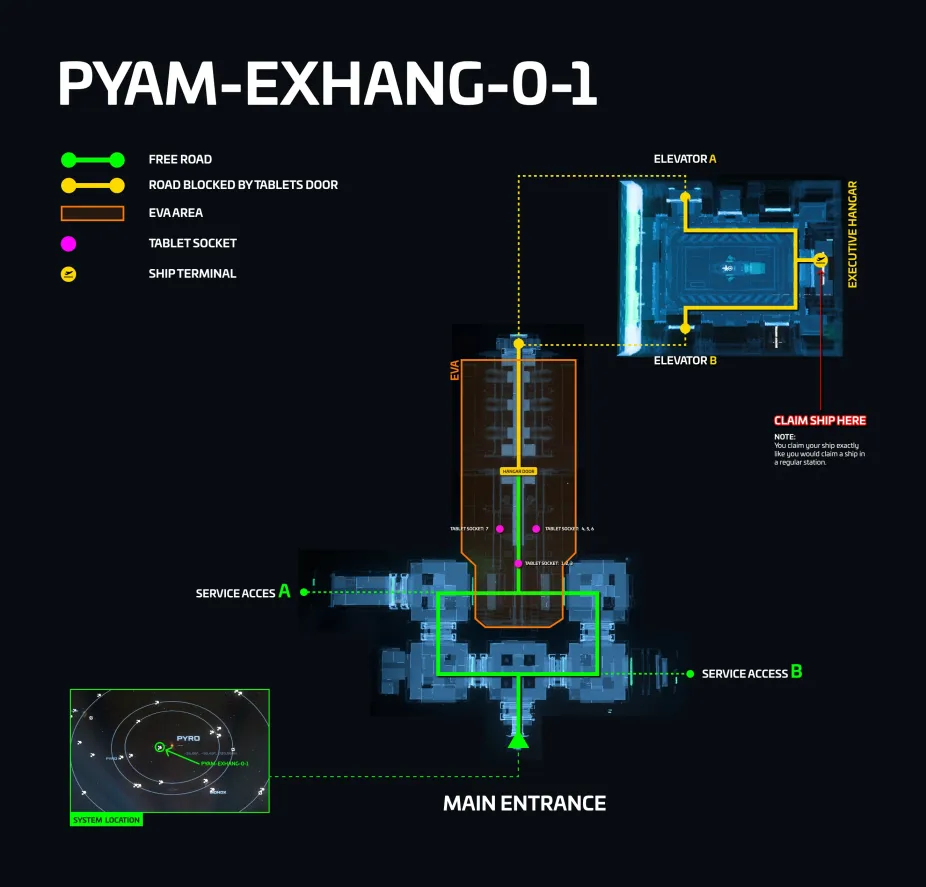 Mapa de PYAM-EXHANG-0-1 (Hangar Ejecutivo): estructura, zonas clave y acceso lateral marcado en el plano
